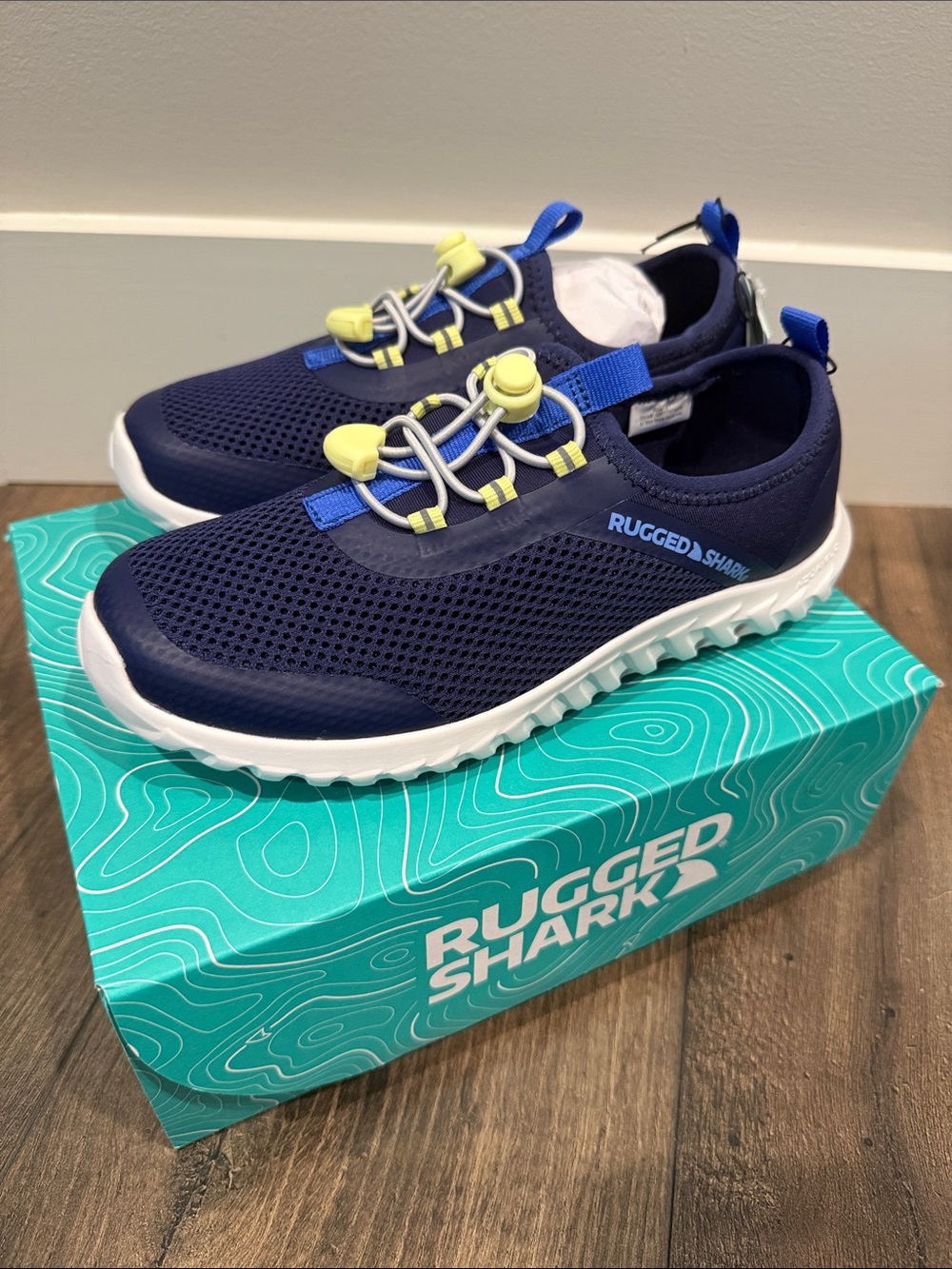 Rugged Shark Kids Navy Blue Water Shoes with Yellow Accents